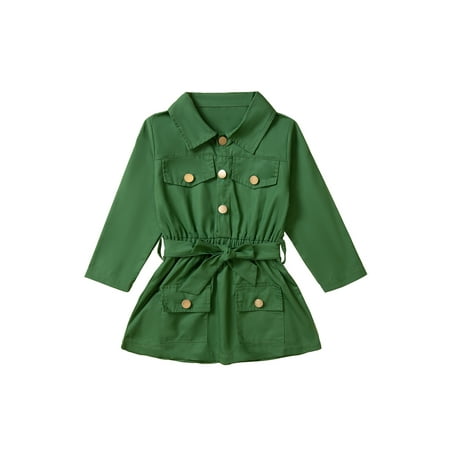 

Calsunbaby Kids Little Girls Autumn Dress Coats Button Pockets Turn-down Collar Long Sleeve Tunic Casual Dress with Belt Green 5-6 Years