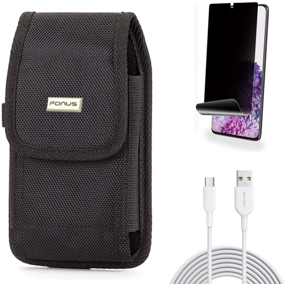 Case Belt Clip w 6ft USB-C Cable w Privacy Screen Protector for Samsung Galaxy S20 Plus - Rugged Holster Canvas, Type-C Fast Charger Cord, TPU Film [NOT GLASS] [Fingerprint fits Galaxy S20 Plus