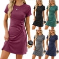 thumbnail image 2 of FLMEI Women Dresses Short Sleeve Dress Mini Dress Drawstring Cotton Solid Color long Dress，Sizes S-XXL, 2 of 8