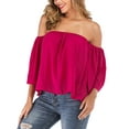 thumbnail image 5 of LELINTA Women Off the Shoulder Blouse Boho T-Shirts 3/4 Bell Sleeve Casual Chiffon Loose Tops Strapless Shirt, Black/ Red, 5 of 8