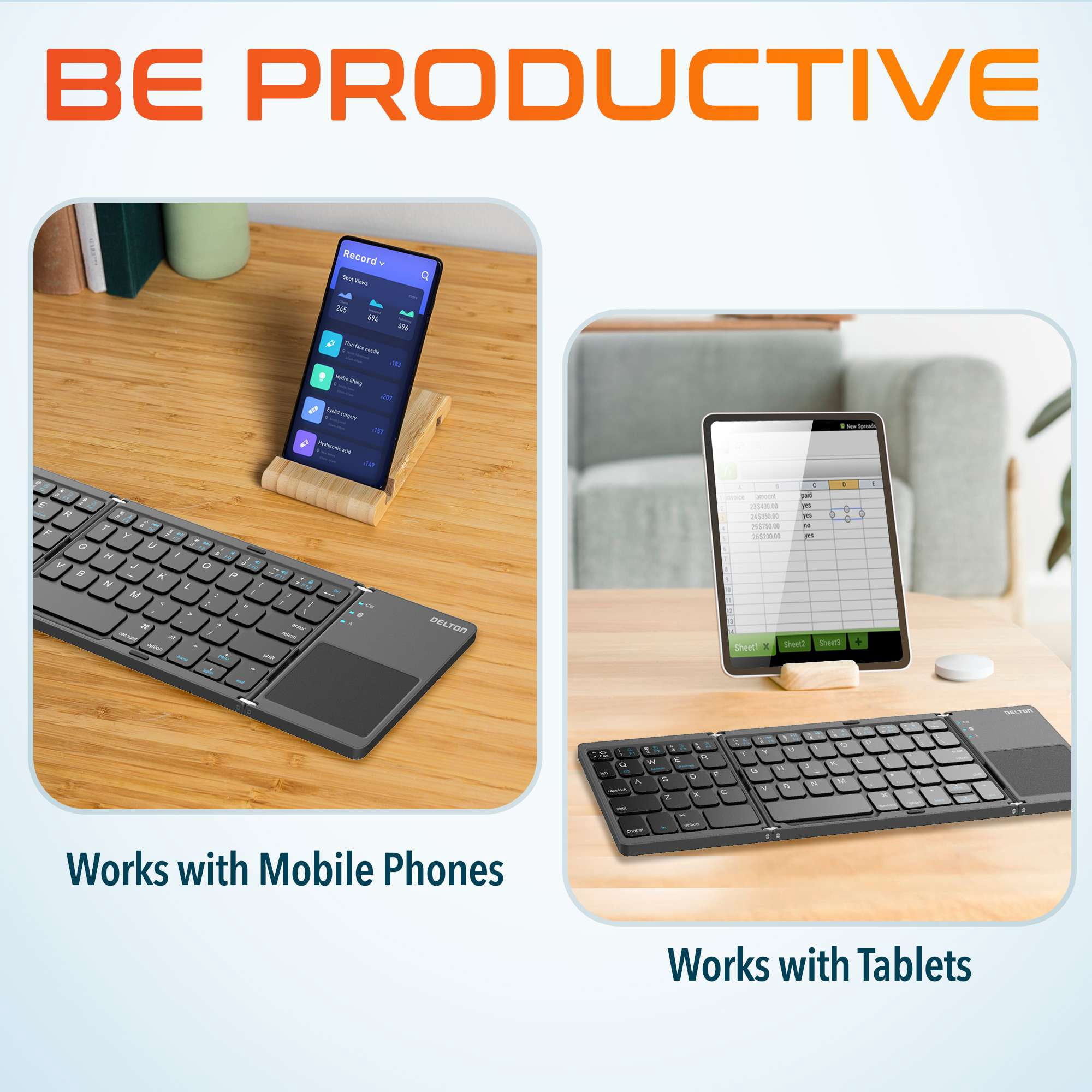 Delton F75 Bluetooth Keyboard with Sensitive Touchpad, Compact and Portable Design, Rechargeable Wireless Foldable Keyboard, Compatible with PC, Laptop, iMac, Tablets & Smartphones - Black