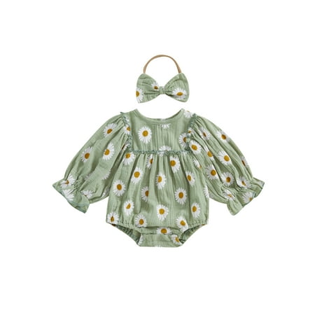 

aturustex Infant Baby Girl 2 Piece Casual Outfits0-18M Newborn Ruffle Sleeve Romper Daisy Print Frill Trim Bodysuits Bow Headband Toddler Little Girls Fashion Cute Comfy Soft Spring Fall Clothes Set
