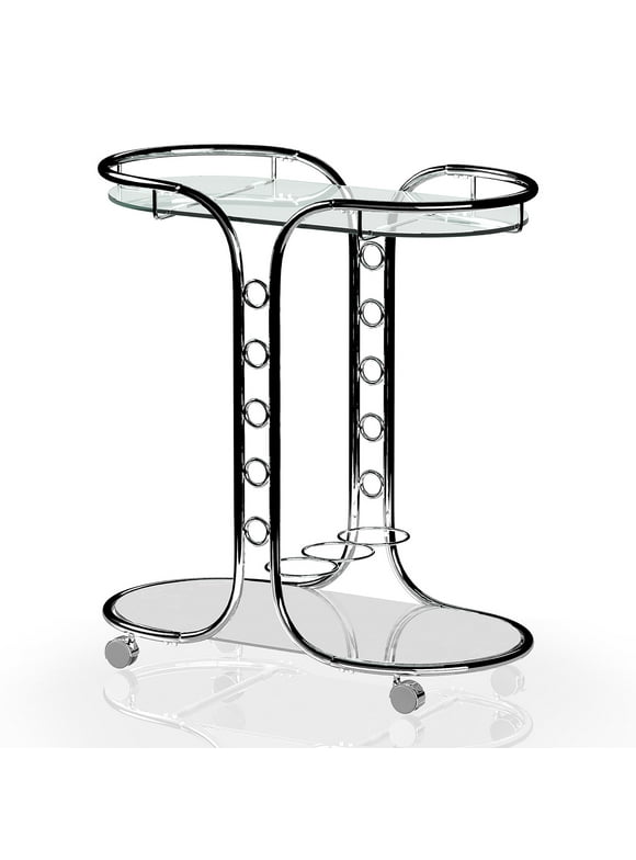 Furniture of America Krom Metal and Glass 2-Shelf Serving Cart, Chrome