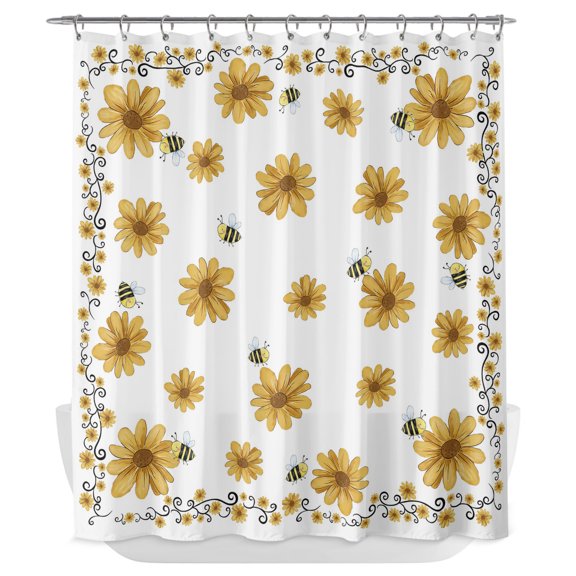 Yellow Summer Floral Shower Curtain - Water Repellent Fabric Shower Curtains Washable, Pastoral Daisy Botanical Cute Decorative Polyester Cloth Bathroom Curtains Modern Bath Decor 72"x84"