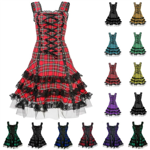 QATAINLAV Gothic Dresses for Women Plaid Print Medieval Steampunk Lace-Up Tiered Ruffle Dress Halloween Sleeveless Lace Lolita Dresses, Yellow, XXL
