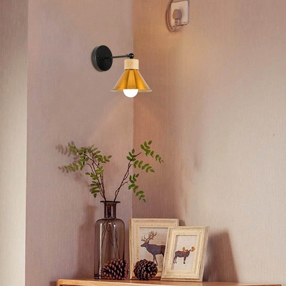 KAYYELAMP Retro Wall Sconce Battery Run Remote Dimmable Lighting Wood Base Gold Metal Shade Modern Style for Dorm Stairways Laundry Room