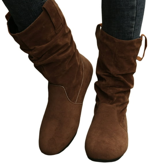 IUJSOY Slouchy Boots for Women Suede Flat Boots Pull on Short Boots Round Toe Mid Calf Boots