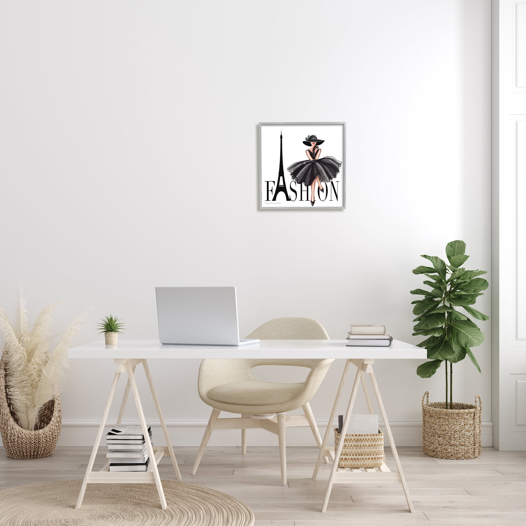 Parisian Fashion Illustration High End Design Black Dress Beauty & Fashion Framed Art Print Wall Art, 17x17