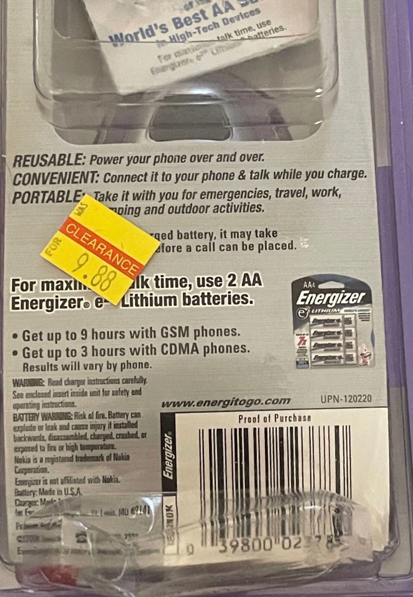 Energizer Instant Cell Phone Charger Powers Many Nokia Cell Phones