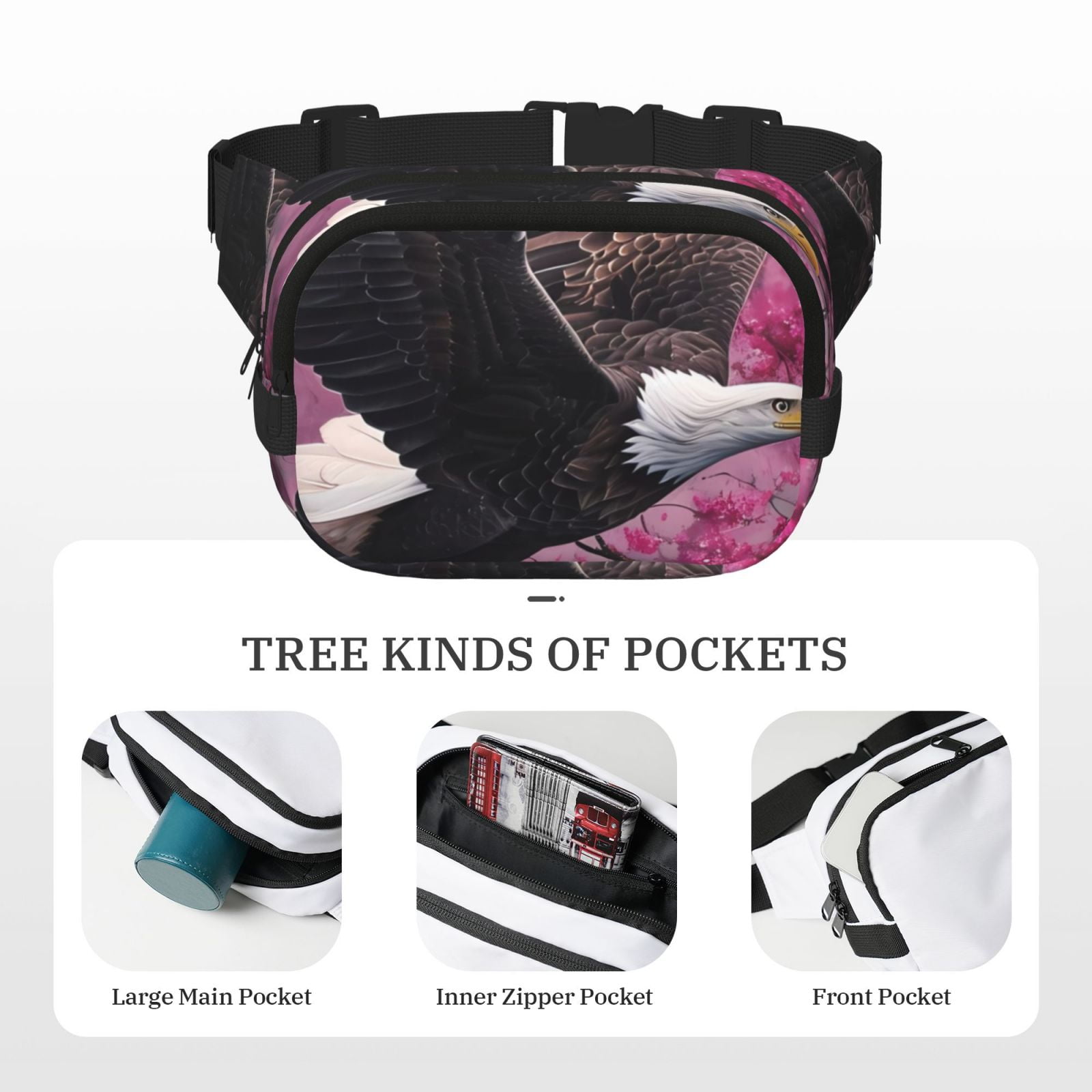 Picia Flower Bald Eagle Print Square Double-Layer Waist Bag Mini Adjustable Waist Belt Bag Exercise Running Travel Hiking