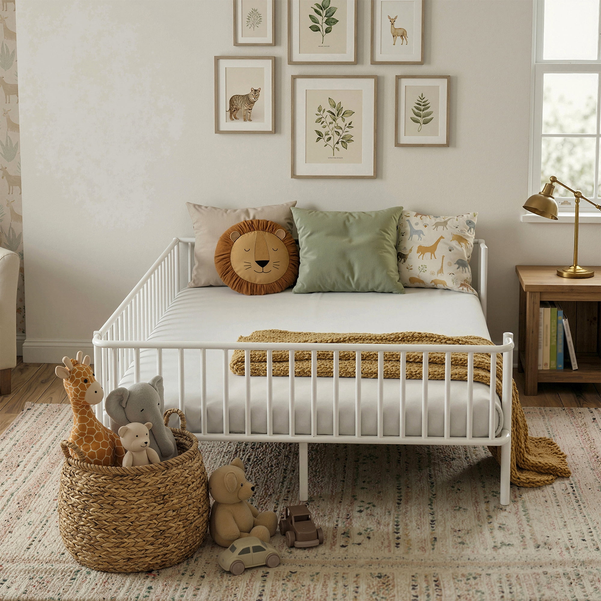 Euroco Metal Queen Size Daybed, Sturdy Metal Sofa Bed with Guardrails, No Box Spring Needed, White