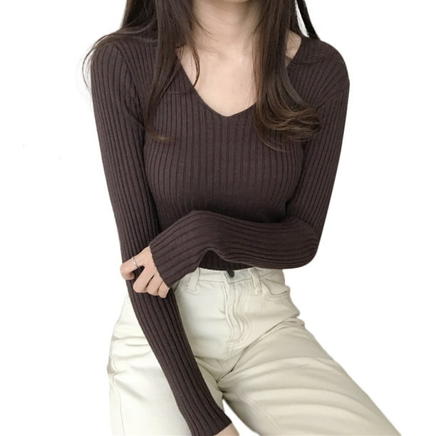Women Fashion V Neck Knit Sweater Long Sleeved Slim Tight Warm Bottoming Shirt Retro Sweater For Autumn Winter Walmart Com