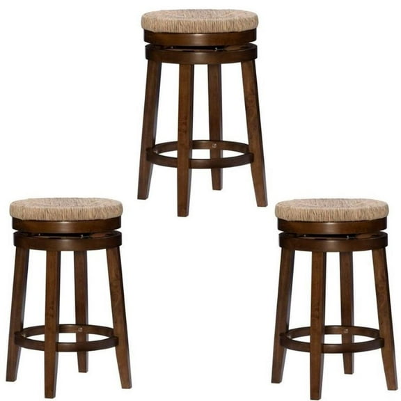 Home Square 3 Piece Solid Wood Swivel Rush Counter Stool Set in Walnut Brown