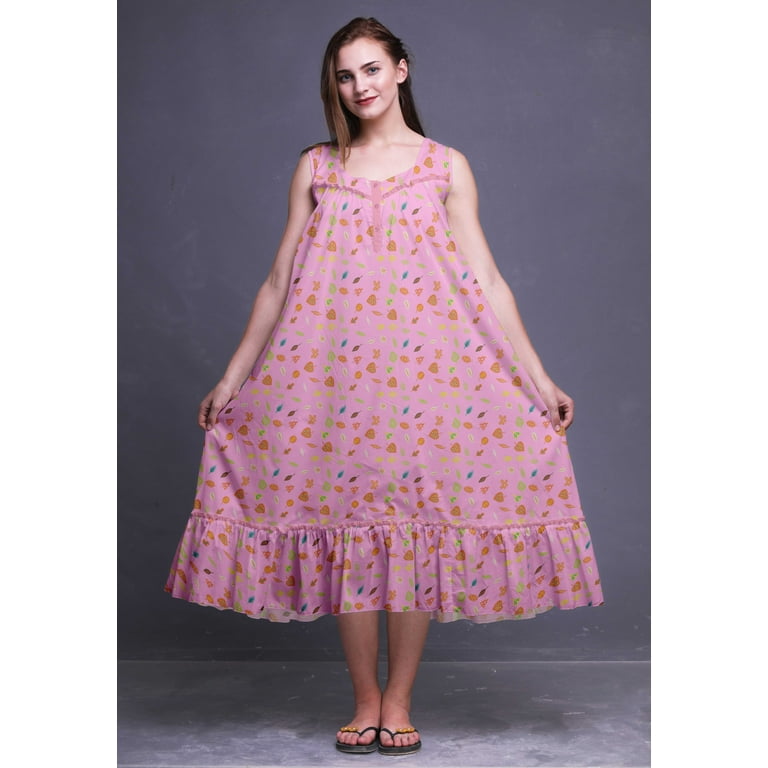 Bimba Light Pink4 Clip Art Leaves & Berries Printed Cotton Nightgowns For  Women Sleeveless Gown Sleepwear Maxi Dress XXX-Large 
