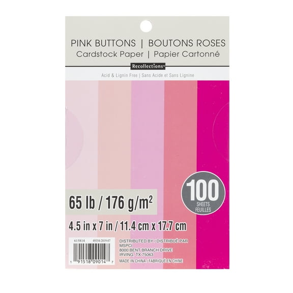 12 Packs: 100 ct. (1,200 total) Pink Buttons 4.5" x 7" Cardstock Paper by Recollections