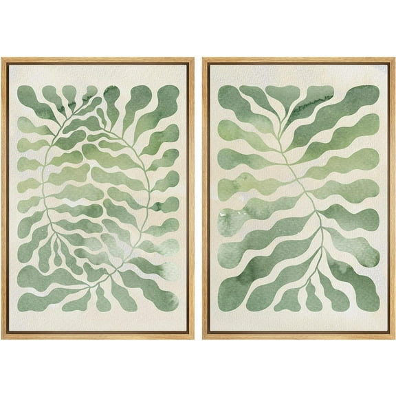 IDEA4WALL Framed Canvas Print Wall Art Set Forest Leaves Green Botanical Wall Decor Antique Bohemian Floral Fine Art Retro Wilderness Artwork for Living Room, Bedroom, Office - Natural 16"x24"x2