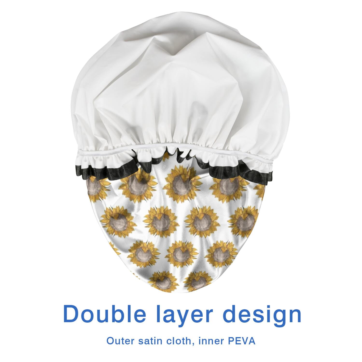 Shower Caps,White Sunflower Pattern Waterproof Shower Cap for Women 4 Pieces,Double Reusable Hair Cover for Shower PEVA Elastic Stretch Hem