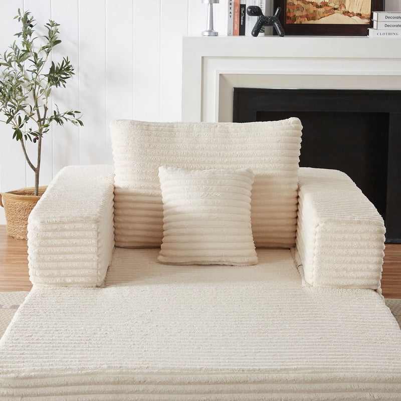Single-Seater Upholstered Lazy Sofa, Floor Lounge Chair with Back Cushion & Throw Pillow, Oversized Chaise Lounge with Pockets