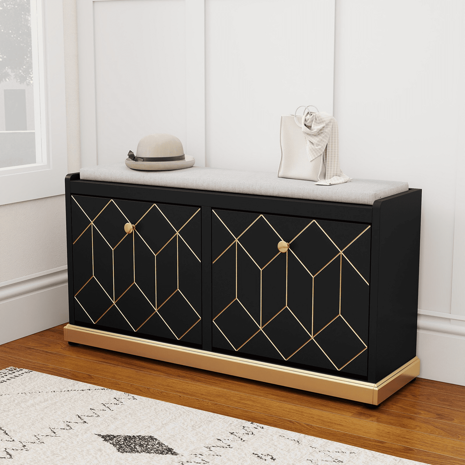 Modern Shoe Bench with Storage, Entryway Bench with 2 Flip Drawers & Padded Cushion Seat, Upholstered Shoe Rack Organizer for Hallway, Closet, Living Room