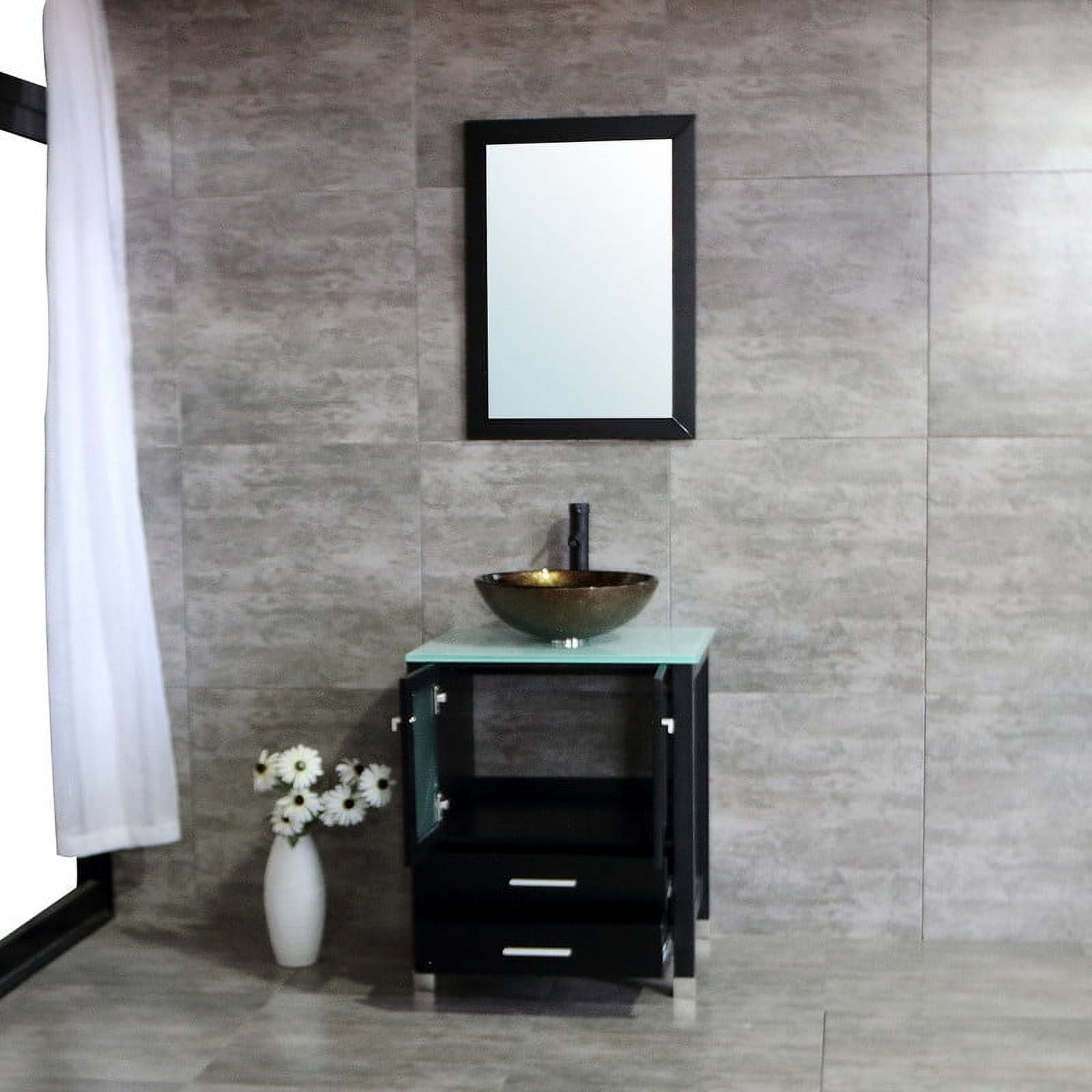 Walsport 24" Luxurious Bathroom Vanity with Brown Tempered Glass Vessel Sink Bowl and Countertop and Mirror and Faucet,Stand Floor Cabinet Bathroom Storage Vanity with Pop Up Drain,Black