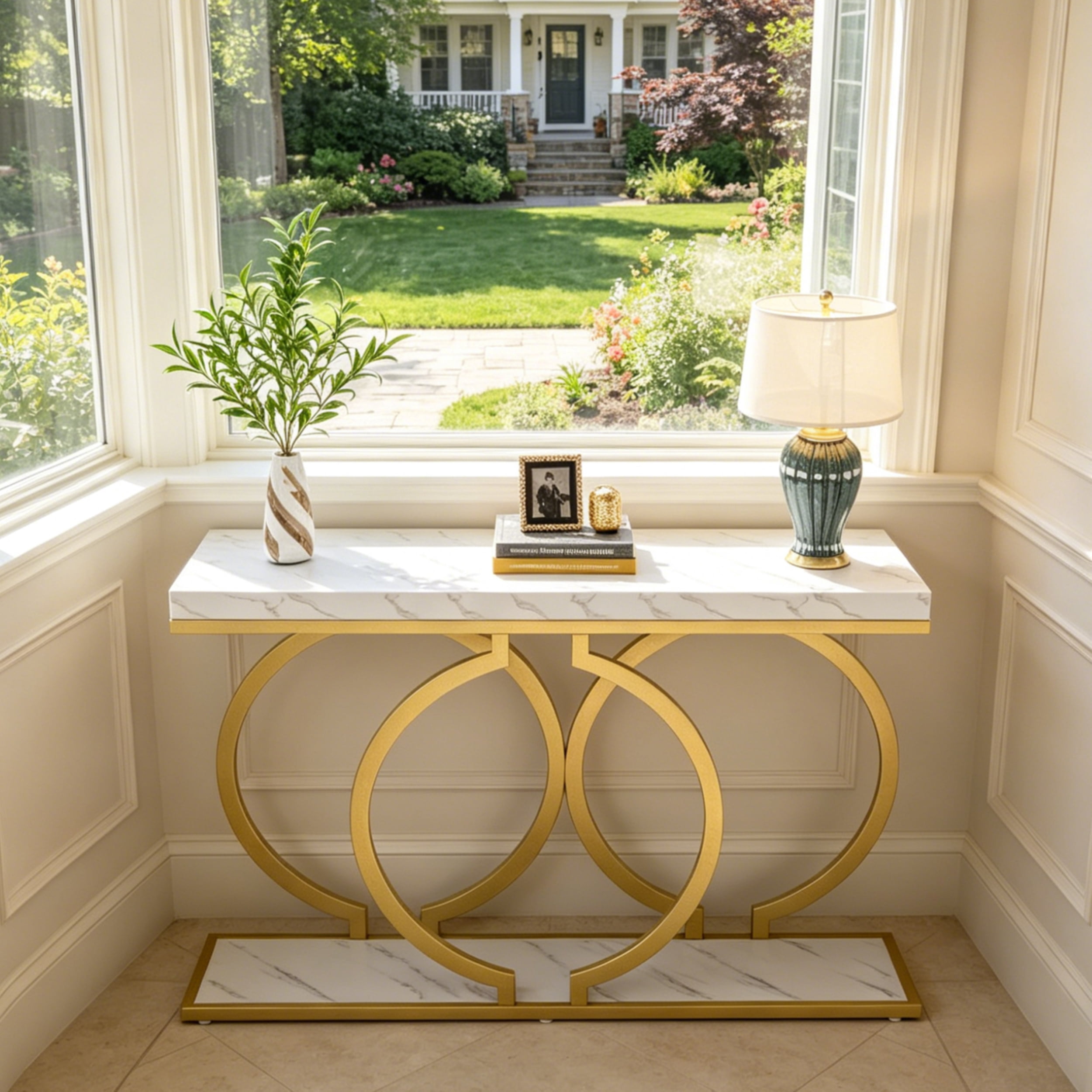 Fnova 55" Console Table, Modern Entryway Table with Geometric Metal Frame, Faux Marble Narrow Long Sofa Table for Living Room, Entrance, Hallway