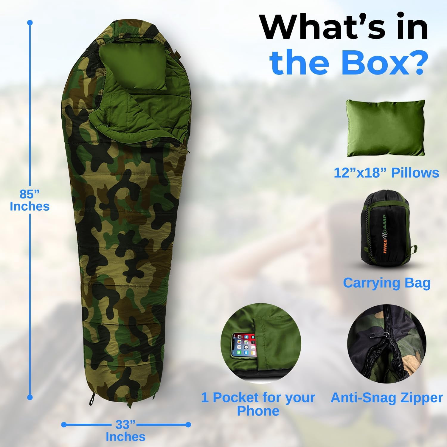 0 Degree Mummy Sleeping Bag – Military-Style, Lightweight & Waterproof for Extreme Cold, Stays Warm in 5–10°F, No-Snag Zipper, Compact Carry Bag & Travel Pillow for Camping & Backpacking