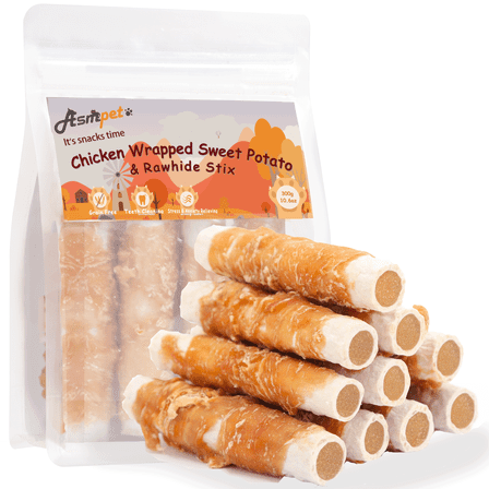 ASMPET Chicken Wrapped Rawhide & Sweet Potato Dog Chews, 6ct – Long Lasting Natural Treats for Medium & Large Dogs, Teeth Cleaning & Boredom Relief
