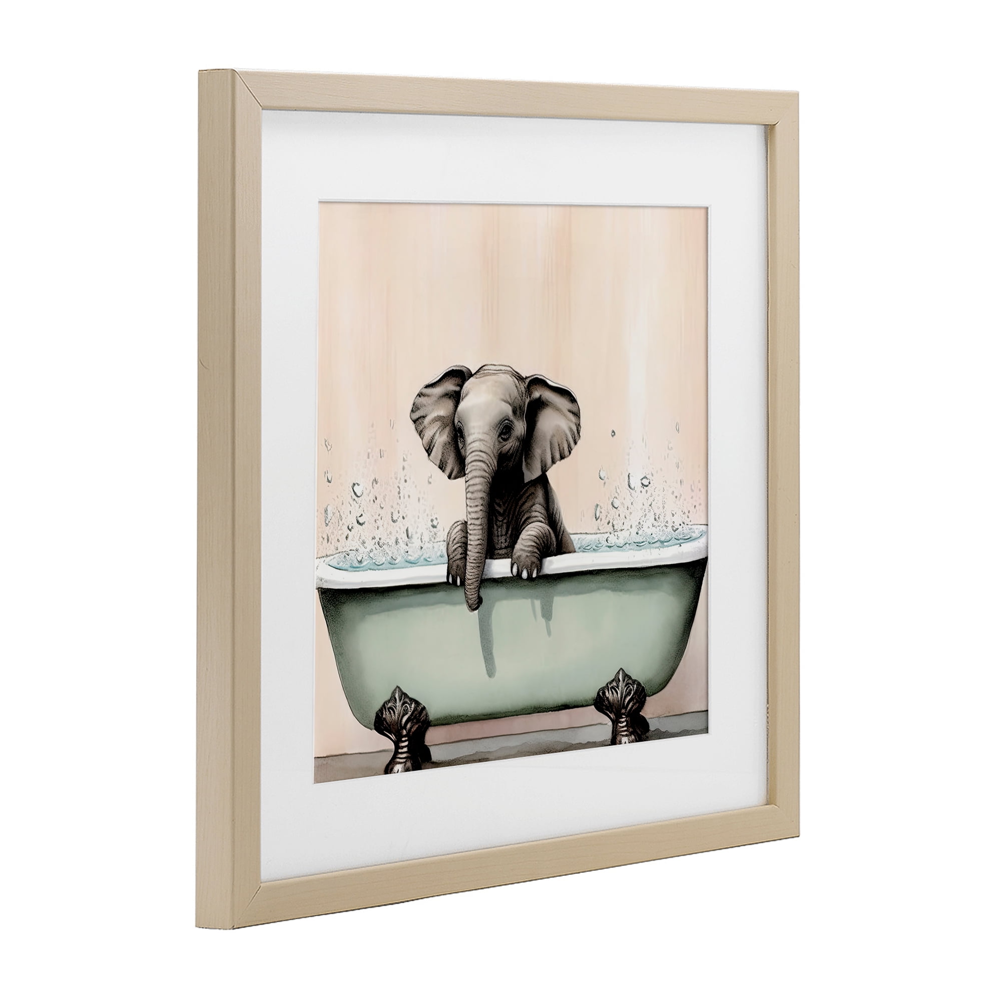 Baby Elephant Bathtime Birch Framed Print Under Glass, design by Sasha