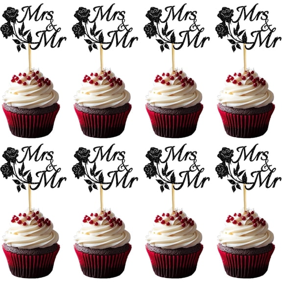 12PCS Black Mr & Mrs Cupcake Toppers, Glitter Black Wedding Cupcake Picks, Bridal Shower & Wedding Party Decorations