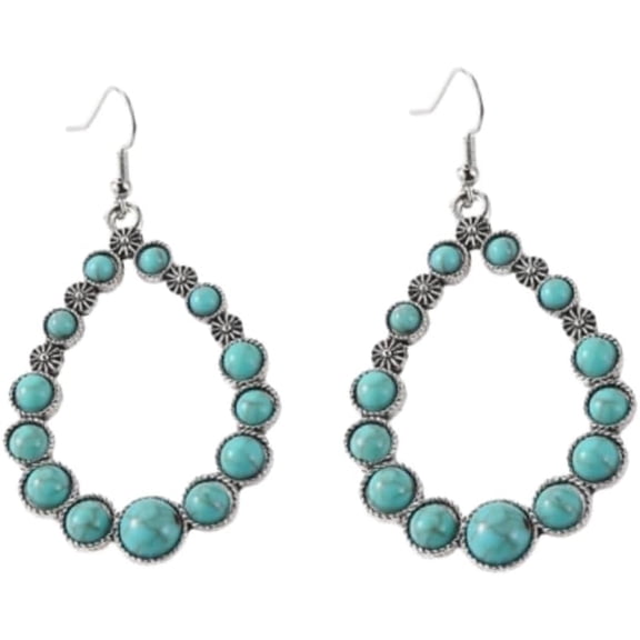 Western Earrings Bohemian Turquoise Oval Drop Beaded Teardrop Hoop Earrings Vintage Jewelry Gift for Women