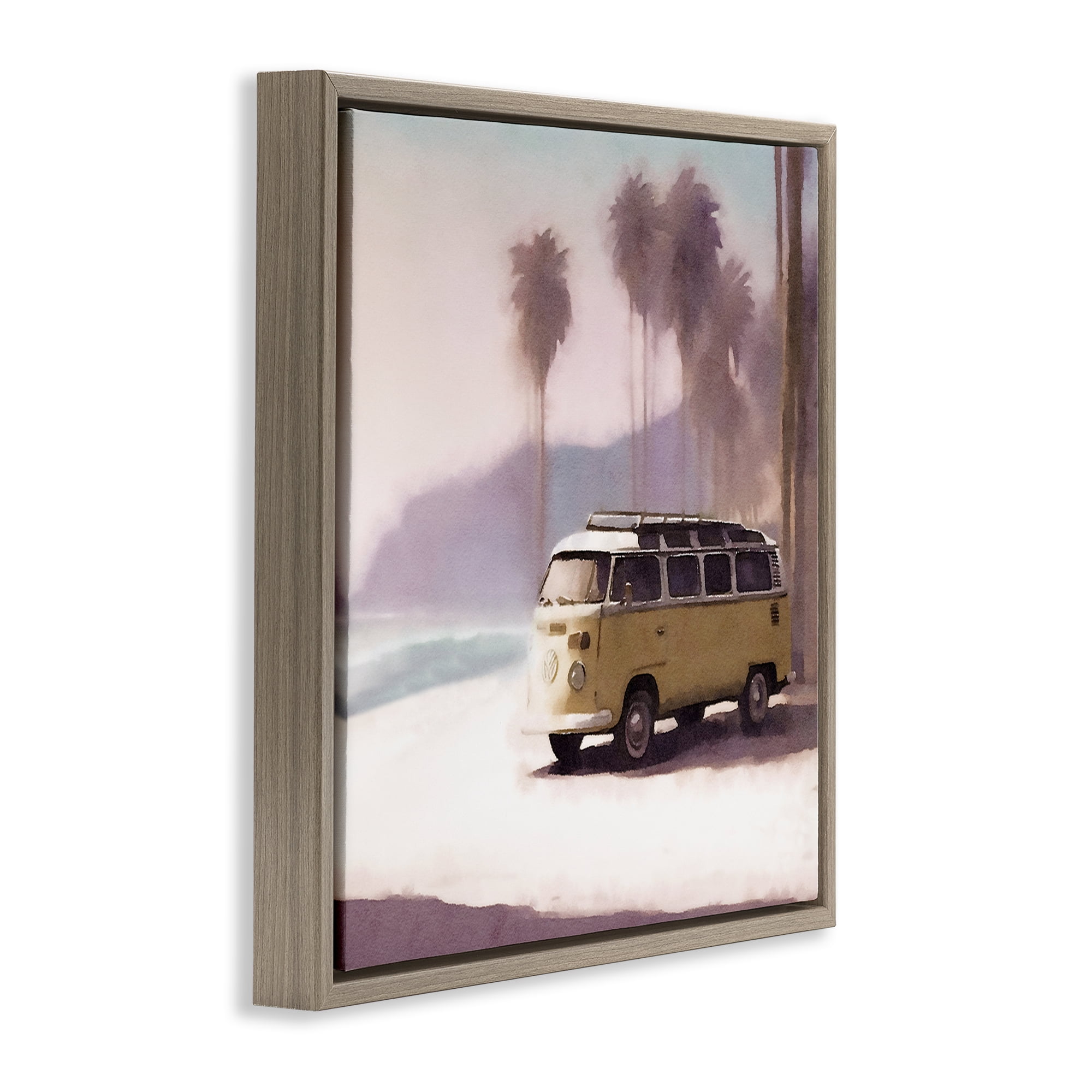 Stupell Industries Yellow Van on Beach Nautical & Beach Painting Brown Floater Framed Canvas Art Print Wall Art, 25 x 25