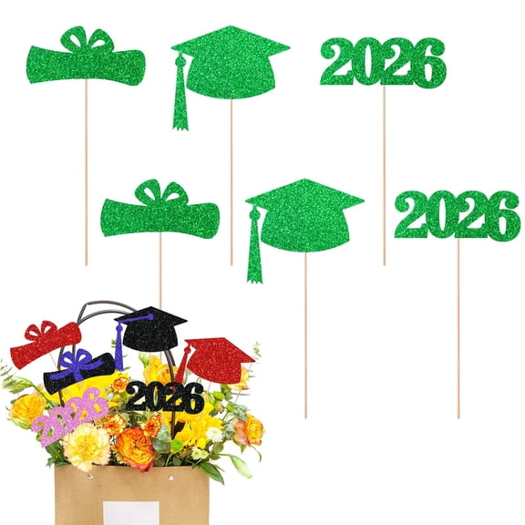 6Pcs 2026 Graduation Cake & Bouquet Toppers - Green Glitter Grad Cap Diploma Picks, Cupcake Vase Centerpiece Decor for High School/College Grad Party