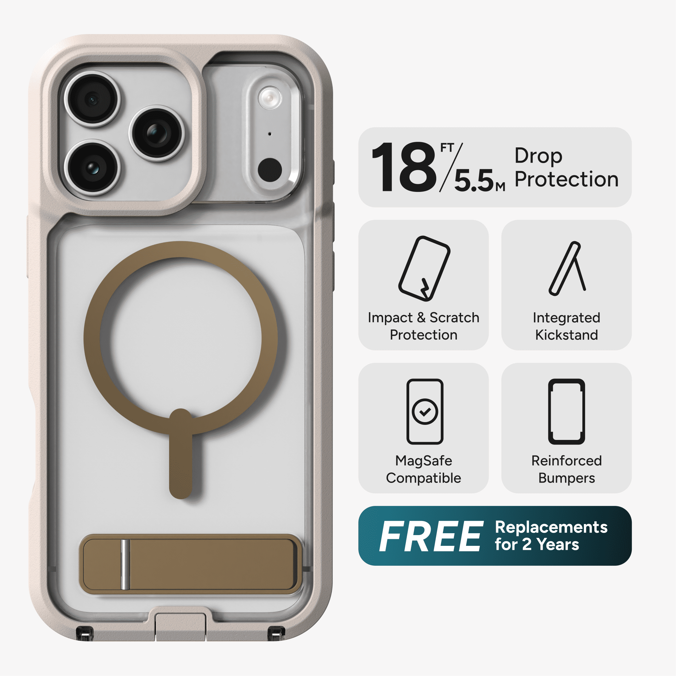 ZAGG Rugged Case - Apple iPhone 18 Pro Max & 17 Pro Max Case with MagSafe and Built-In Kickstand – Clear/Sandstone