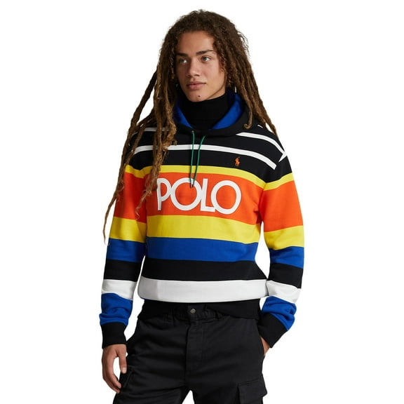POLO RALPH LAUREN Mens Logo Striped Fleece Hoodie Polo Black Multi Medium