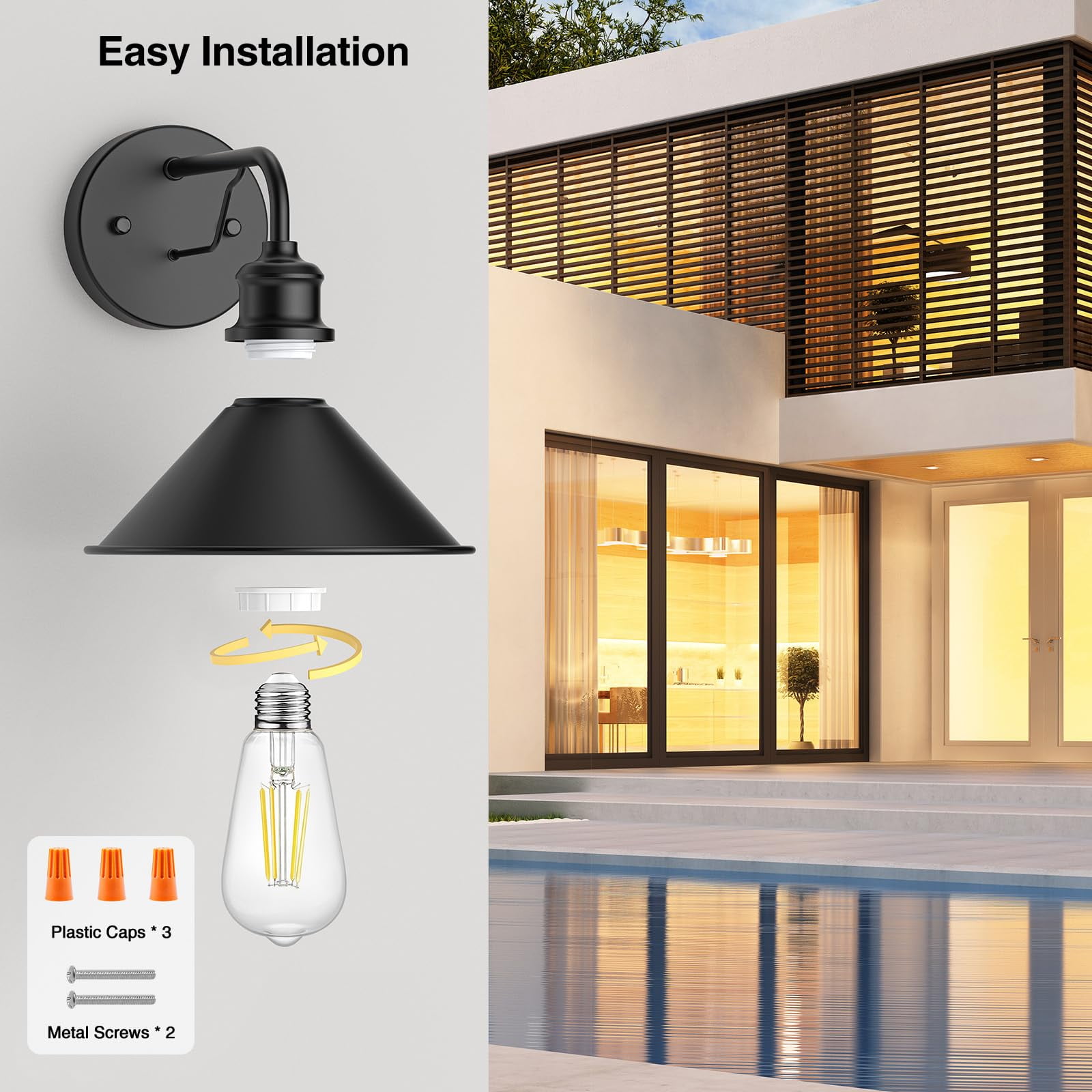Outdoor Wall Lights - 2 Pack Matte Black Modern Farmhouse Wall Sconces for House & Porch, Classic Barn Light Fixtures, Indoor & Outdoor E26 Socket