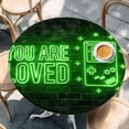 thumbnail image 4 of Green Video Game Round Tablecloth 36-44 Inch Round Fitted Table Cloth with Elastic Edge, Black Modern Text Graffiti Brick Waterproof Table Cover Protector for Outdoor Picnic Party Dining, 4 of 9