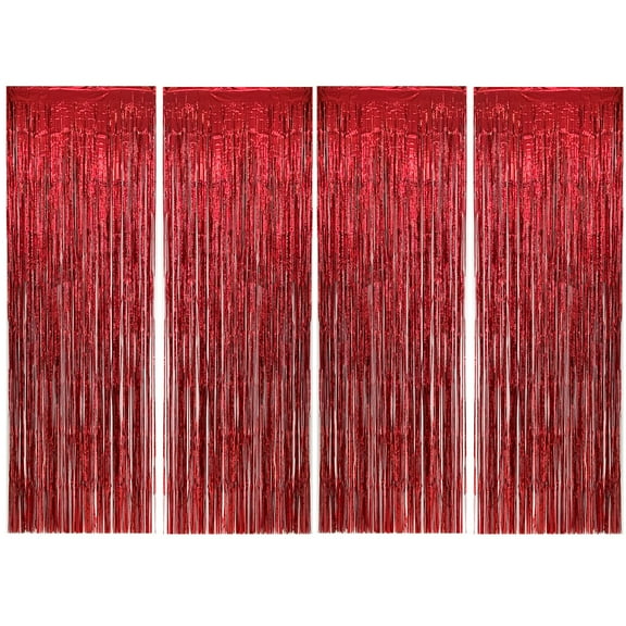 Allgala 4PK 3.3 x 9.8 FT (1x3M) Metalic Tinsel Party Photo Backdrop Curtains Door Fringe Décor-Red-BD52605