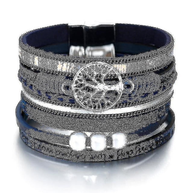 Pulseras de Cuero con perlas y dijes del árbol de la vida azul