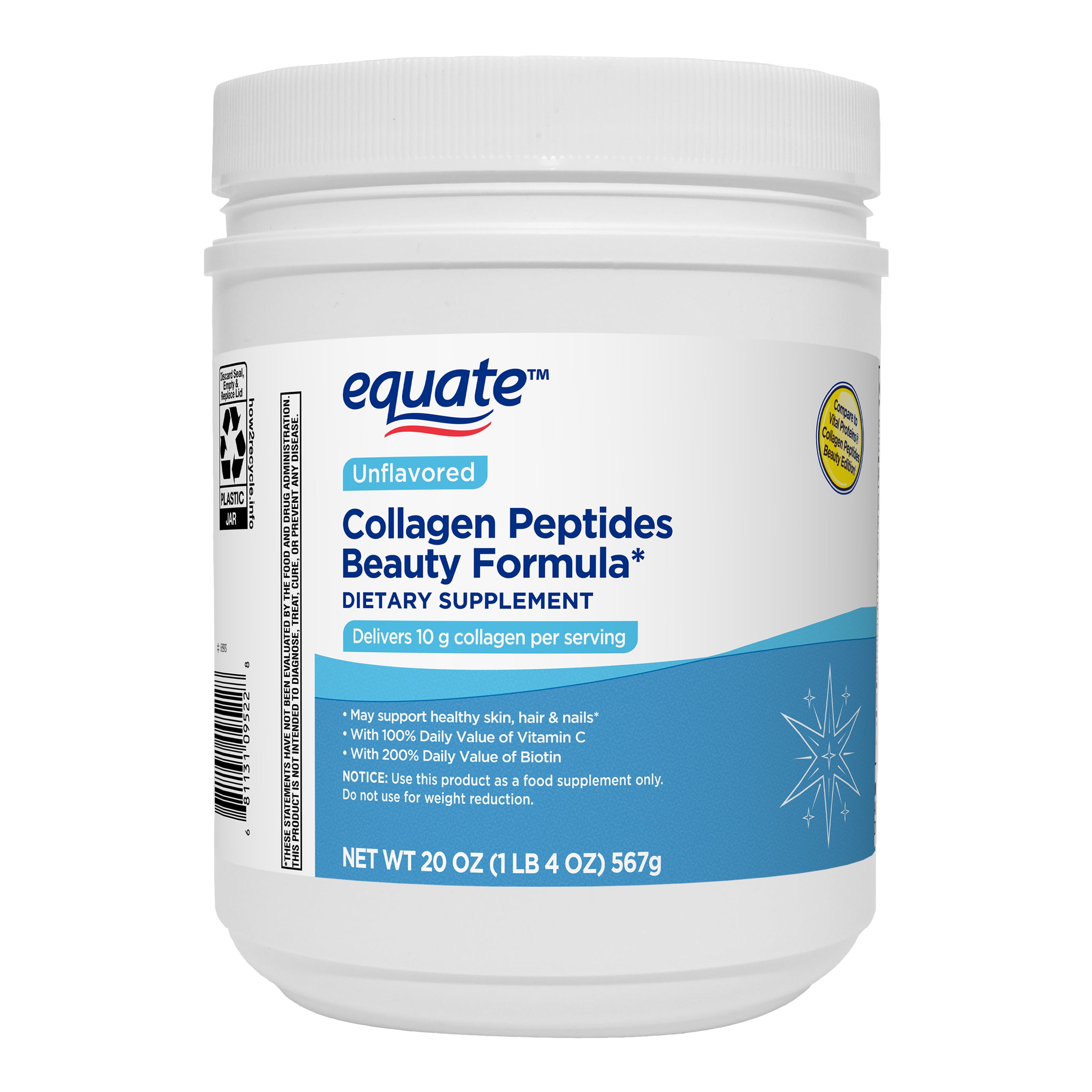 Equate Collagen Peptides Beauty Formula* Dietary Supplement, Unflavored, 10 g Collagen, 20 oz