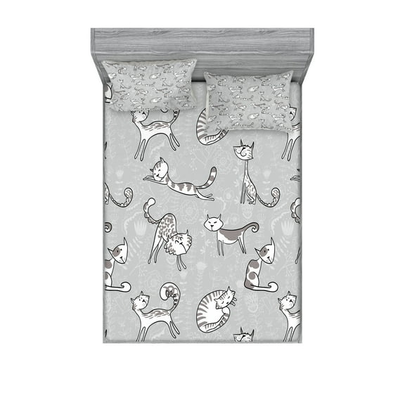 Ambesonne Flower Fitted Sheet & Pillow Sham Set, Cat Kitten Cartoon, Full, White