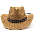 thumbnail image 1 of Qarigey Sombrero de paja de vaquero de verano para mujer, sombrero de playa de ala ancha para hombre, gorra de protección solar tejida a mano, Sombreros Caqui M (56-58 cm), 1 of 6