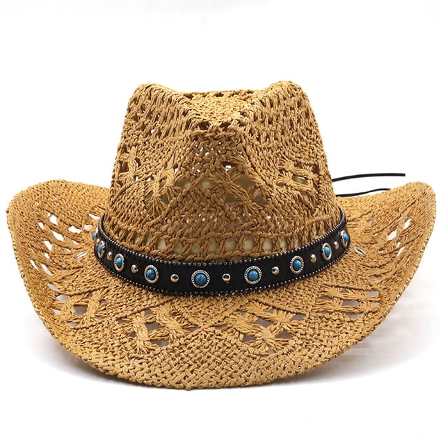 Qarigey Sombrero de paja de vaquero de verano para mujer, sombrero de playa de ala ancha para hombre, gorra de protección solar tejida a mano, Sombreros Caqui M (56-58 cm)