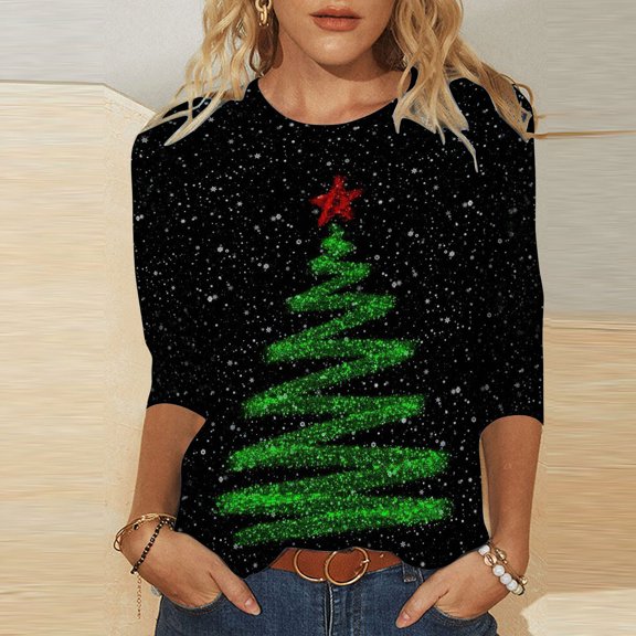 Homenesgenics Spring Tops for Women Long Sleeve Shirts Womens Plus Size Women's Fashion Spring Tops for Women PrintLoose T-shirt 3/4 Sleeves Blouse Round Neck Casual Tops Black L