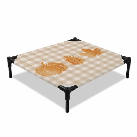 Thanksgiving Fall Elevated Dog Bed Rustic Pumpkin Pinecone Maple Leaf Brown Grid Cooling Breathable Outdoor Raised Dog Cot Bed with Metal Frame Non-Slip Feet for Small Dog 20x20in