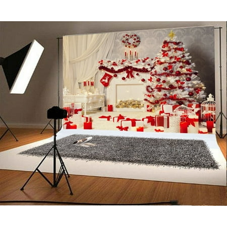 Interior Lantern Lighting HelloDecor Polyester 7x5ft Merry Christmas Backdrops Photography Backdrop Xmas Decoration Tree Gifts Fireplace Stocking Garland White Curtain Lantern Interior H ()