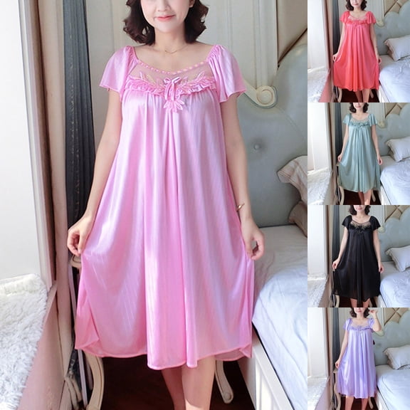 Antinious Women Casual Mid Calf Sleepshirts Short Sleeve Comfortable V-Neck Soft Solid Loose Satin Nightgown