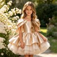 thumbnail image 4 of Girls Satin Mini Princess Dresses Cape Sleeve Neck Ruffle Tiered Gowns for Wedding Birthday Party Evening Ceremony Beige 12-13 Years, 4 of 6