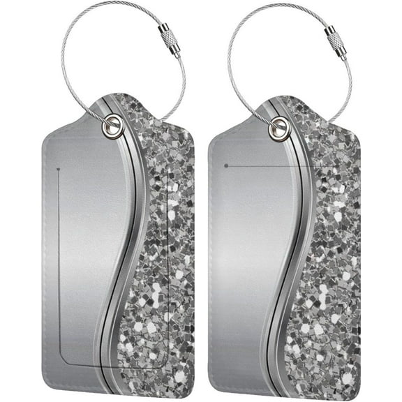 2 Pack Luggage Tag for Suitcase, Silver Faux Glitter Glam Bling Leather Id Labels with Stainless Steel Loop Privacy Cover for Women Girls Bag Travel