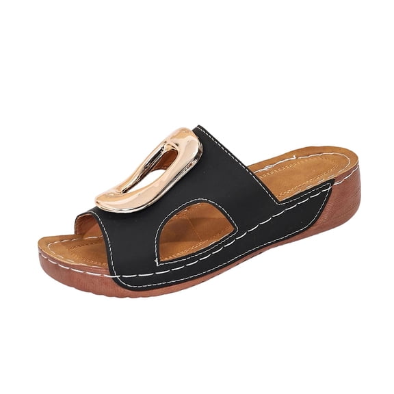Womens Comfortable Low Wedge Slide Sandals Cushioned Open Toe with Metal Buckle Faux Faux Leather Black,Size 9.5