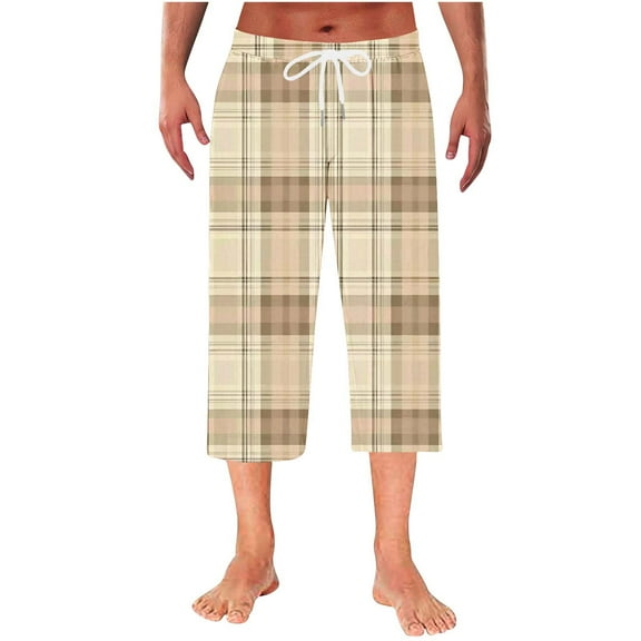 GigrtiJin Mens Trendy Capris Pants Plaid Printed Elastic Waisted Drawstring Wide Leg Pants Loose Casual Pants